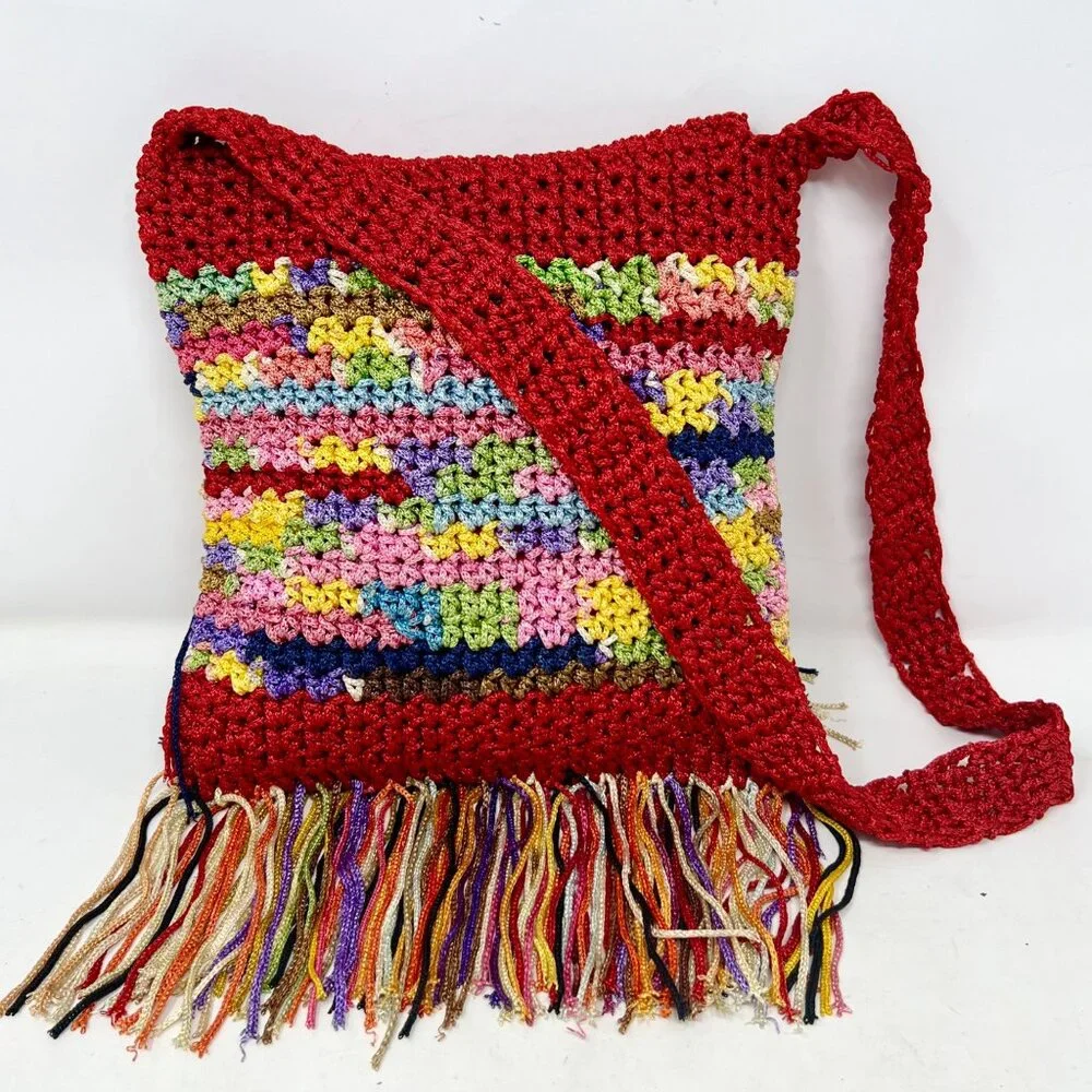 Crochet Shoulder Bag Handmade Boho Hippie Rainbow Fringe - Read‎ - Rough Fibers